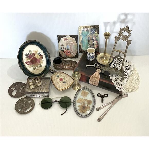 Vintage Other - Antique Victorian Decor Lot Brass Floral Trinkets Photo Stand EyeGlasses Keys